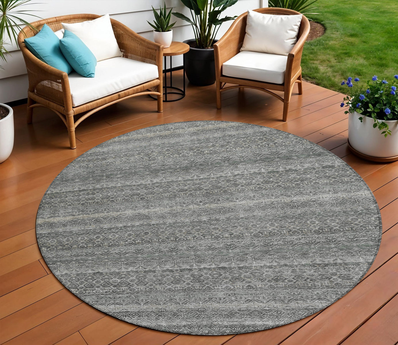 8 Pewter And Gray Round Striped Washable Indoor Outdoor Area Rug