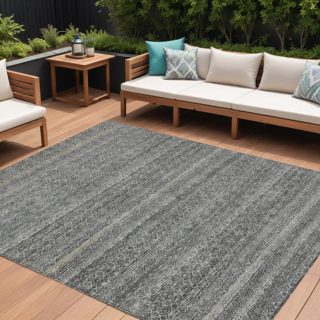 9 X 12 Pewter And Gray Striped Washable Indoor Outdoor Area Rug