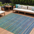 9 X 12 Teal Blue And Copper Striped Washable Indoor Outdoor Area Rug