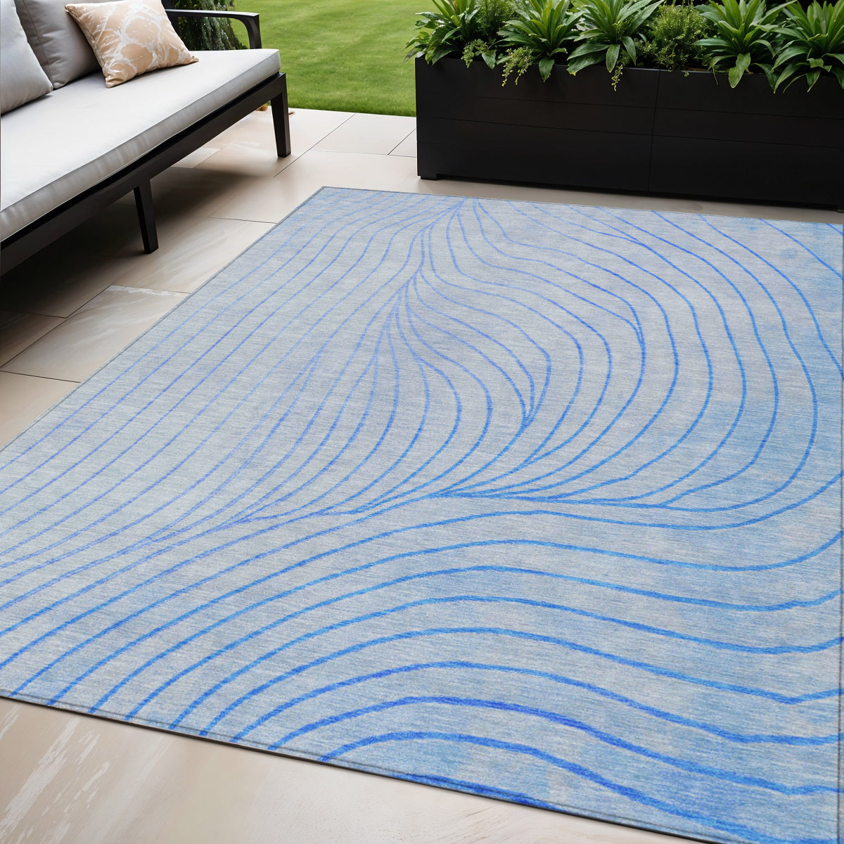 5 X 8 Blue And Silver Abstract Washable Indoor Outdoor Area Rug