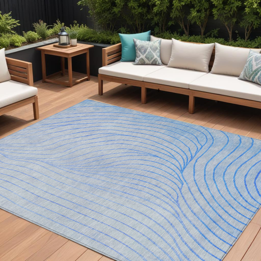 8 X 10 Blue And Silver Abstract Washable Indoor Outdoor Area Rug