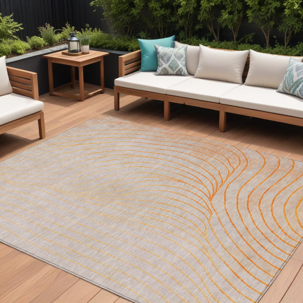 8 X 10 Orange And Silver Abstract Washable Indoor Outdoor Area Rug