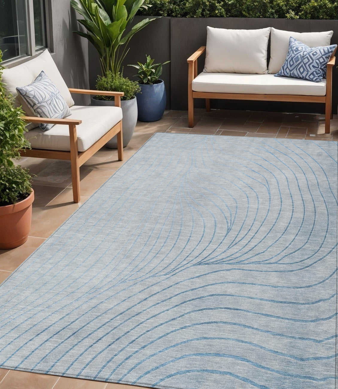 5 X 8 Sky Blue And Silver Abstract Washable Indoor Outdoor Area Rug