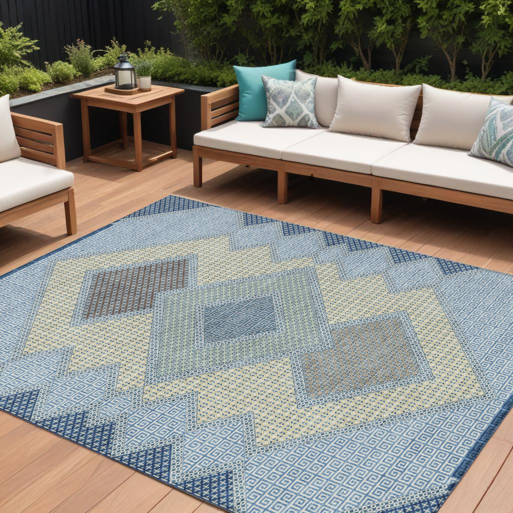 10 X 14 Denim Blue Gray And Brown Geometric Washable Indoor Outdoor Area Rug