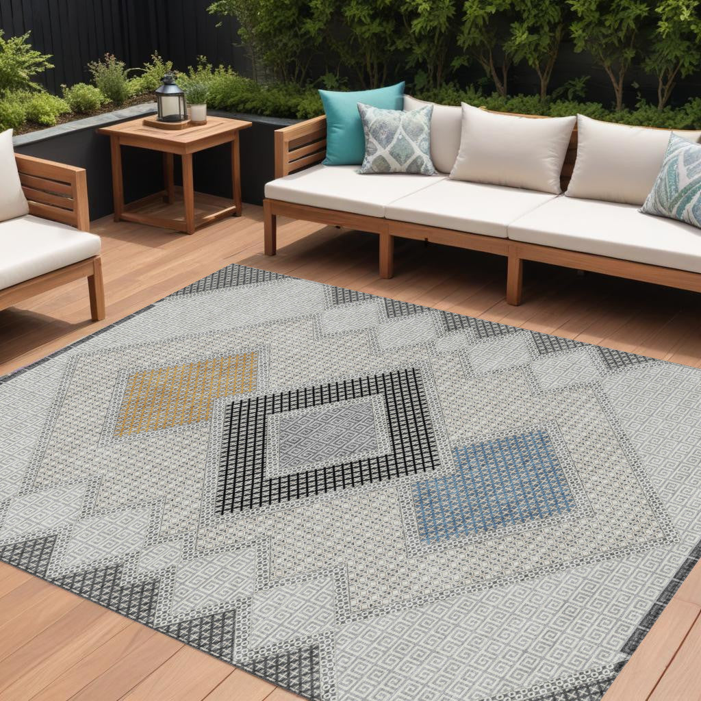 8 X 10 Gray Gold And Charcoal Geometric Washable Indoor Outdoor Area Rug