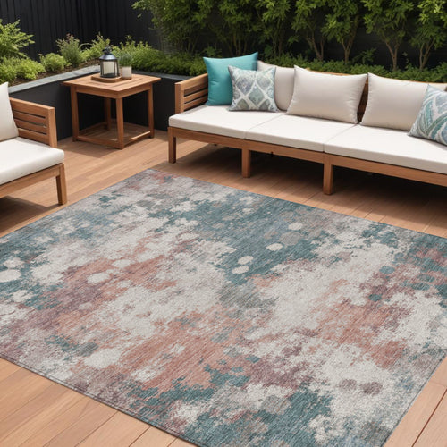 10 X 14 Coral And Teal Blue Abstract Washable Indoor Outdoor Area Rug