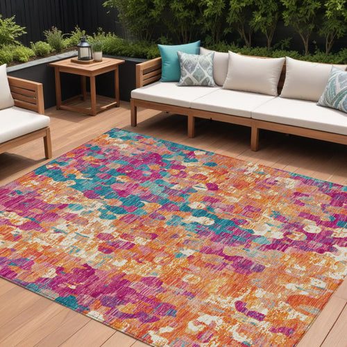 10 X 14 Blush Orange And Teal Blue Abstract Washable Indoor Outdoor Area Rug