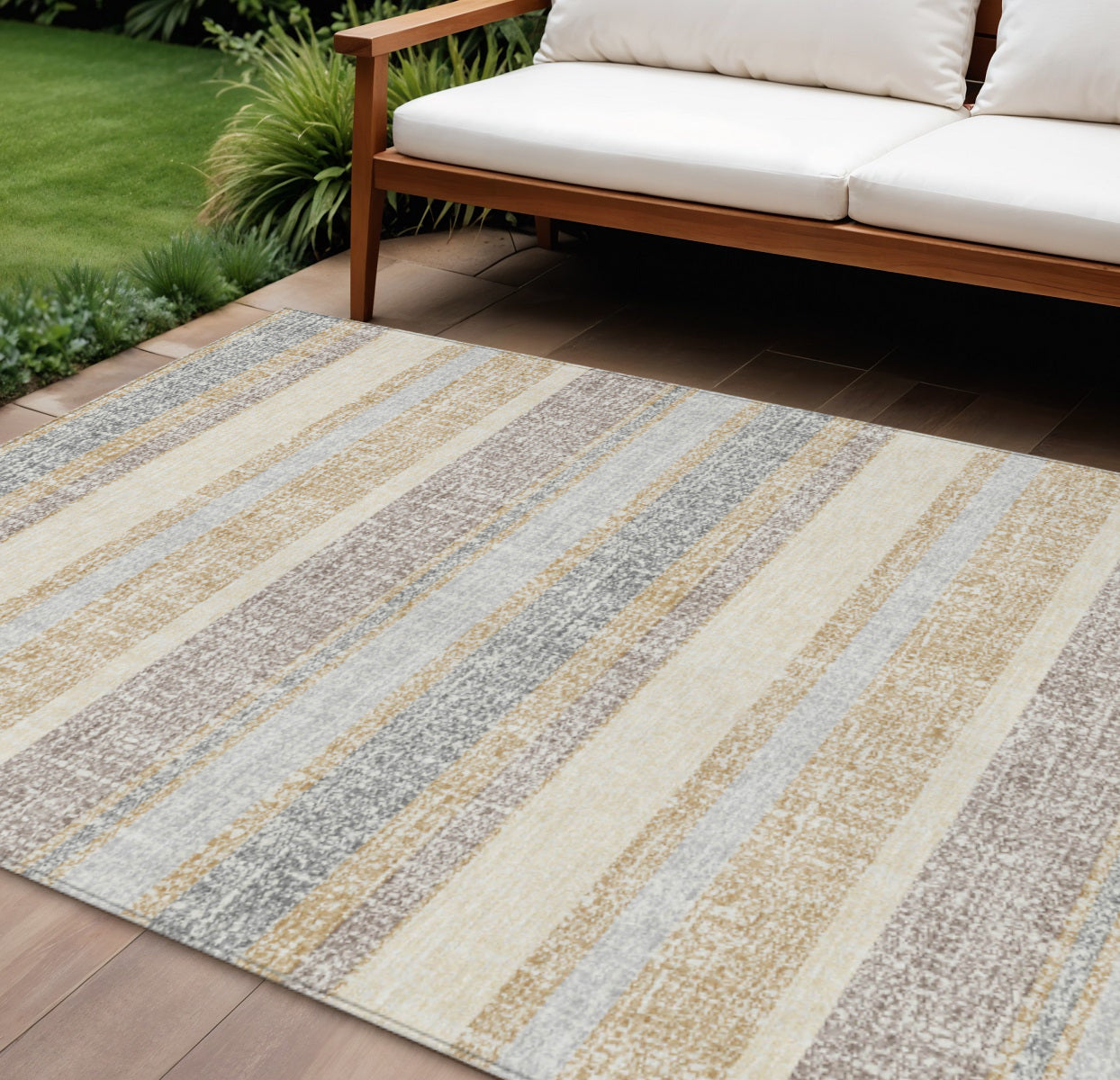 8 X 10 Gold And Silver Striped Washable Indoor Outdoor Area Rug