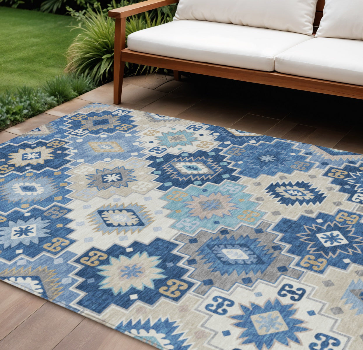 8 X 10 Blue Beige And Sky Blue Southwestern Washable Indoor Outdoor Area Rug