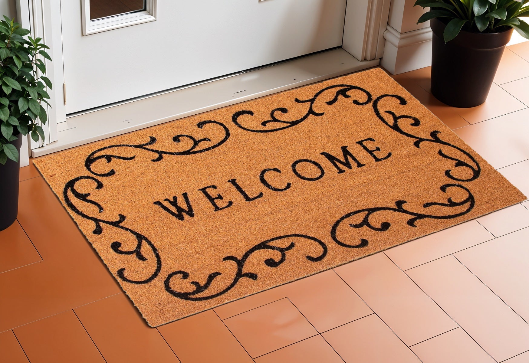 17 X 29 Natural And Black Scrollwork Welcome Outdoor Coir Door Mat