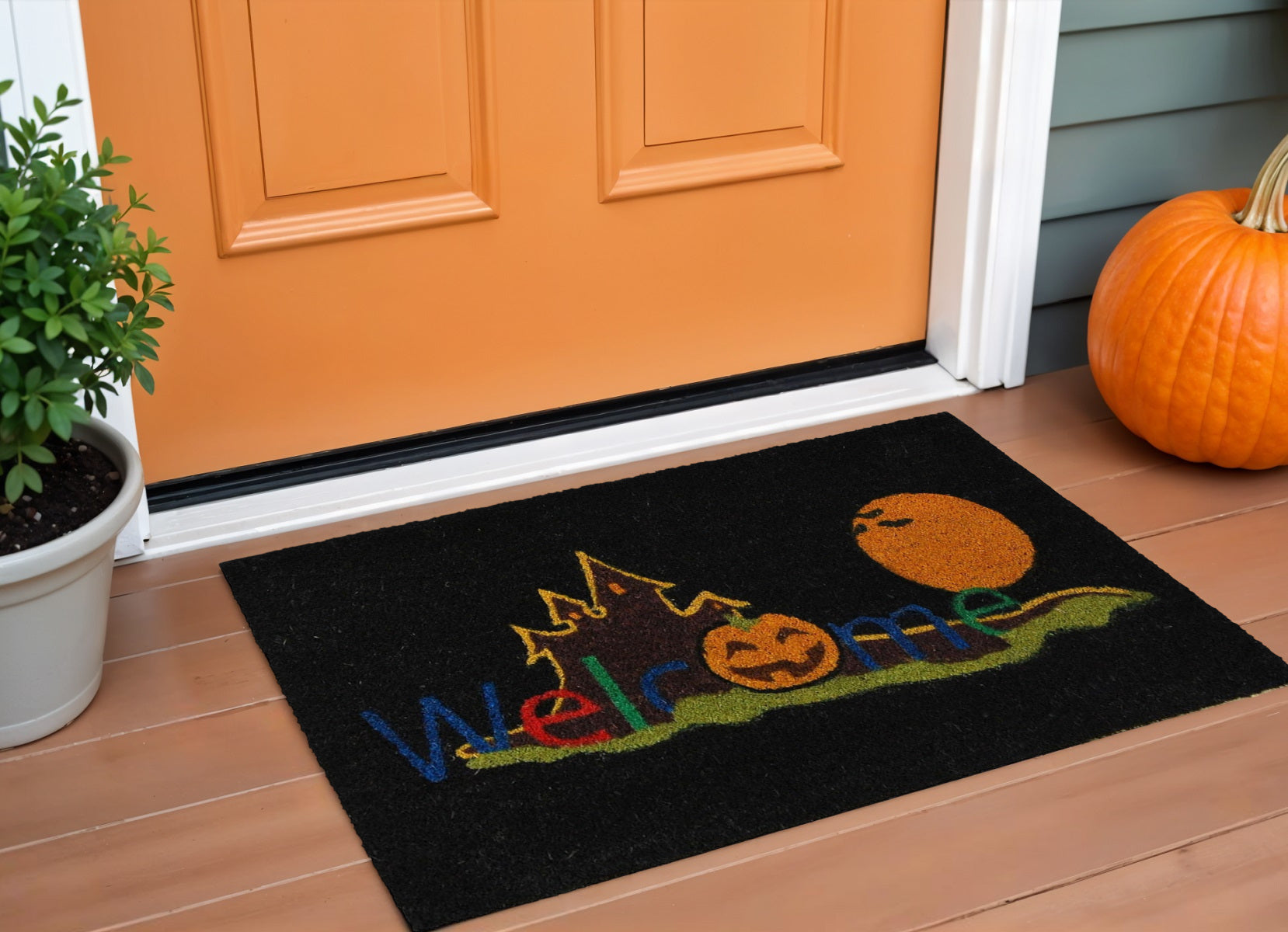 17 X 29 Black And Orange Coir Welcome Outdoor Halloween Door Mat