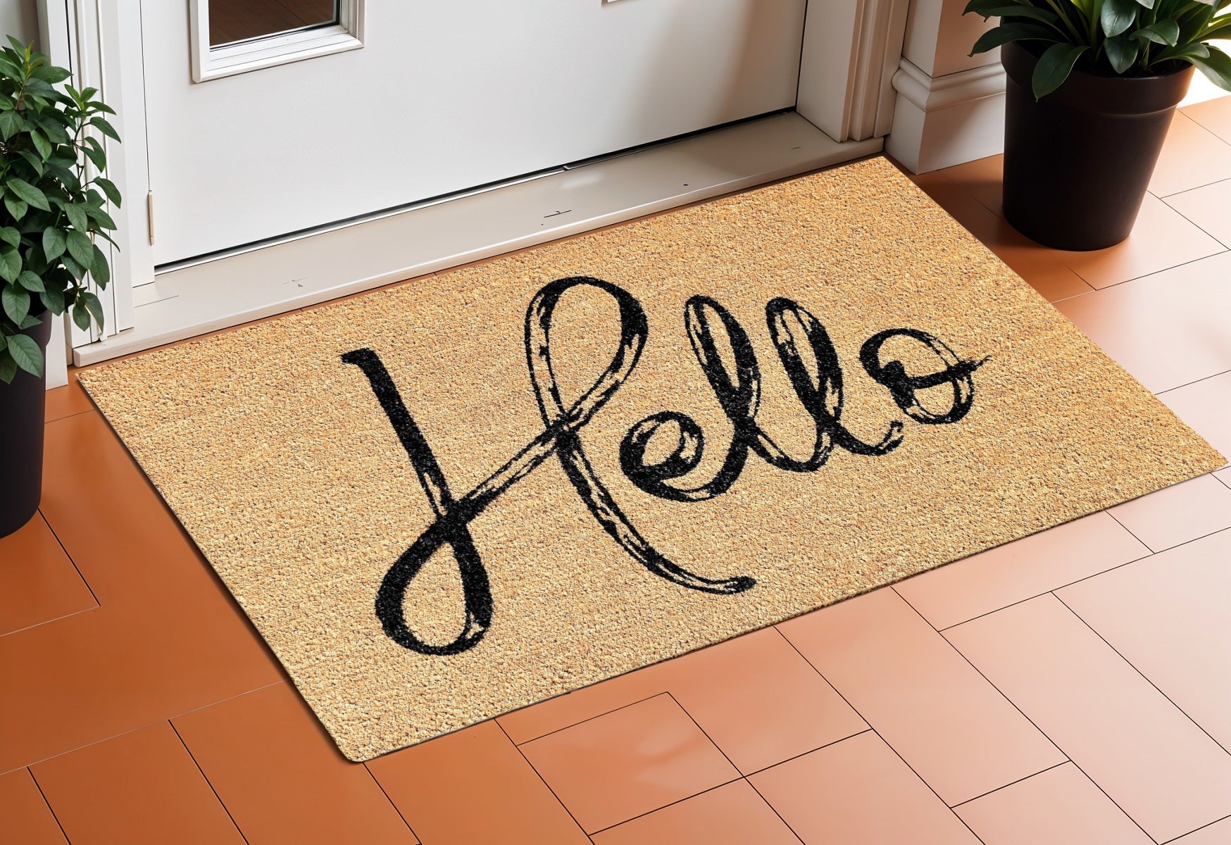 24 X 36 Natural And Black Hello Distressed Outdoor Coir Door Mat