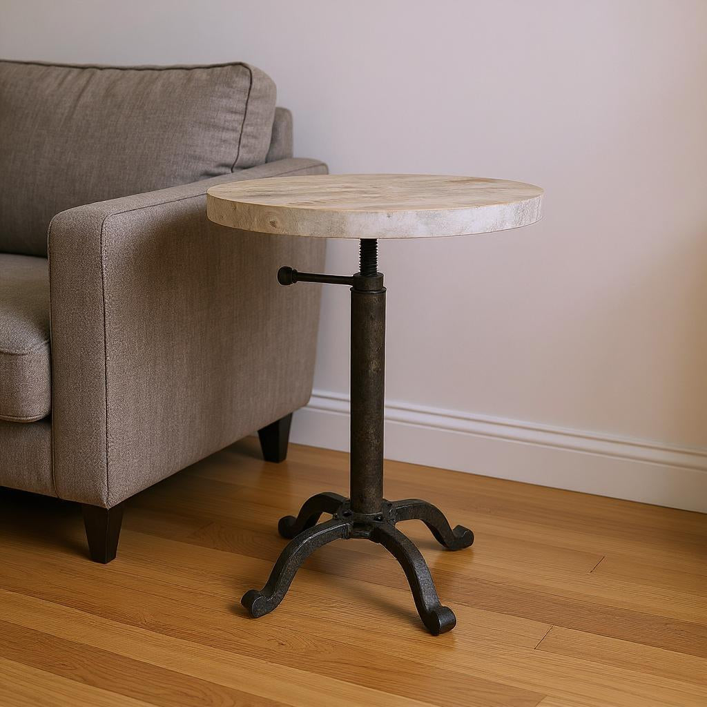 22 Natural and Black Solid Wood and Metal Height Adjustable Round Pedestal End Table