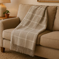 50 X 67 Sand And White Cotton Blend Woven Plaid Throw Blanket with Fringe