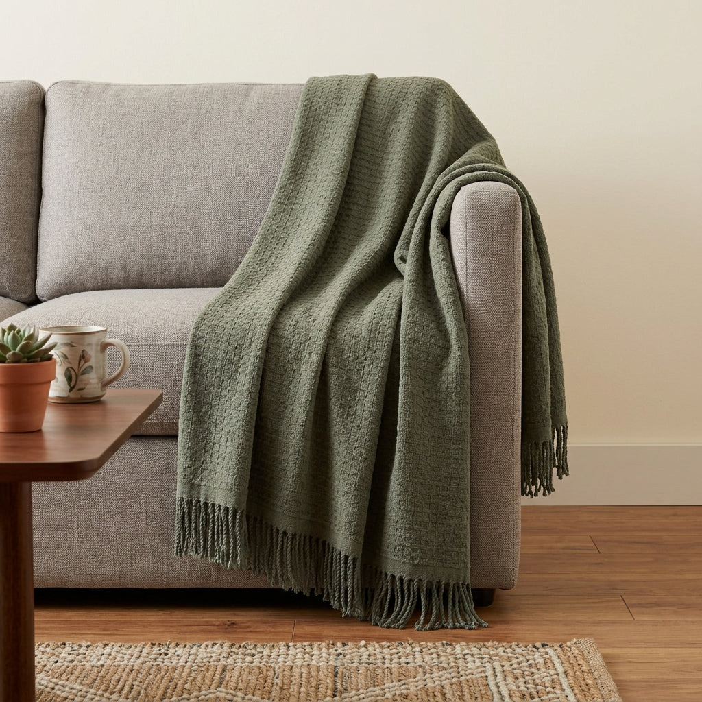 50 X 67 Olive Green Cotton Blend Throw Blanket with Fringe