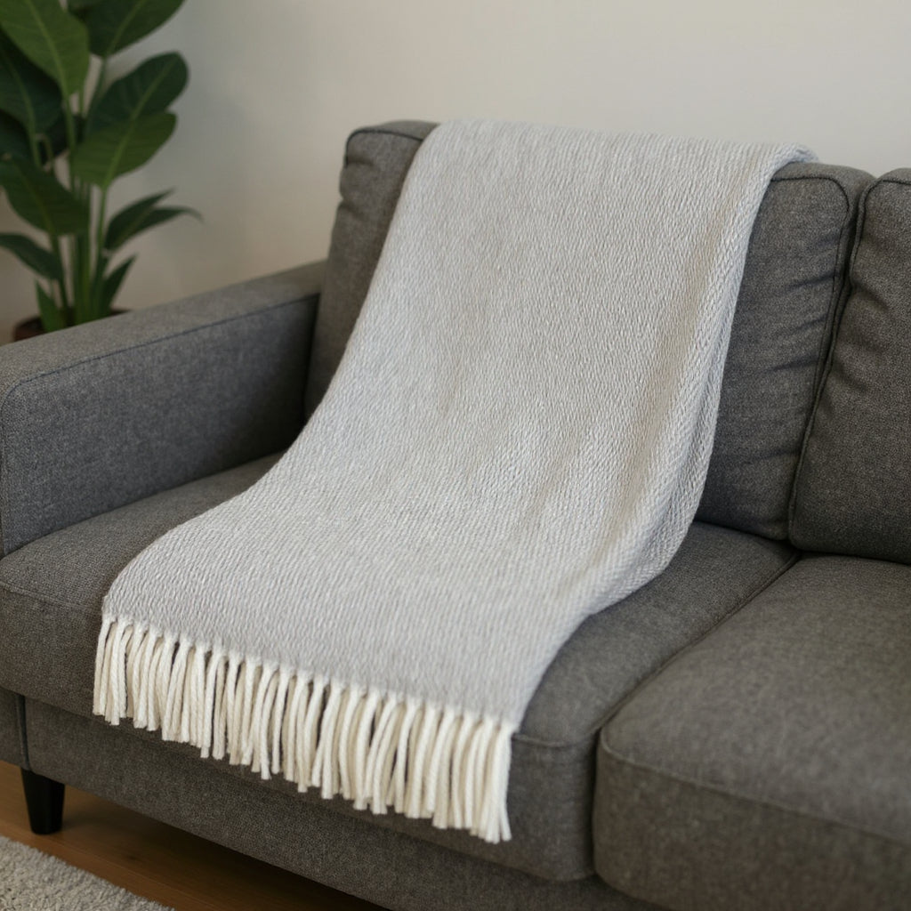 55 X 70 Light Gray And White Herringbone Cotton And Microfiber Woven Throw Blanket with Fringe