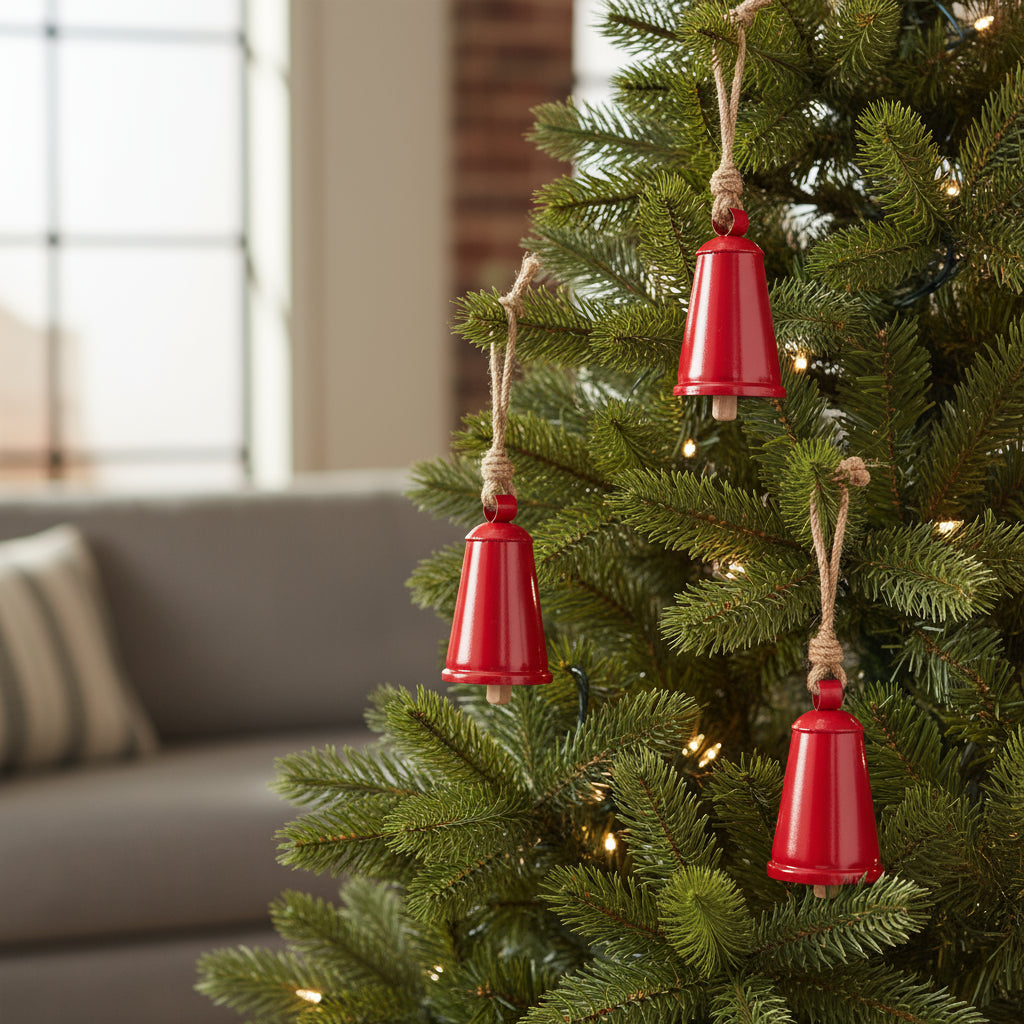 Set of Four Red And Natural Holiday Bell Shaped Ornaments