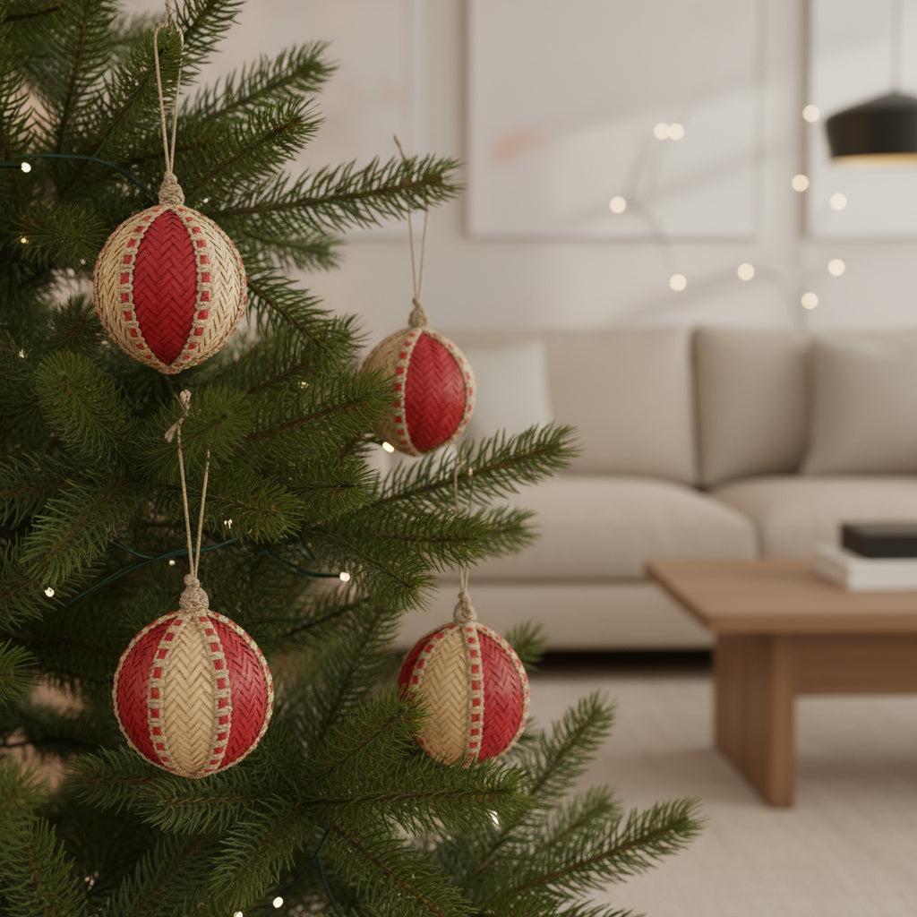 Set of Four Red And Natural Woven Bamboo Ball Ornaments