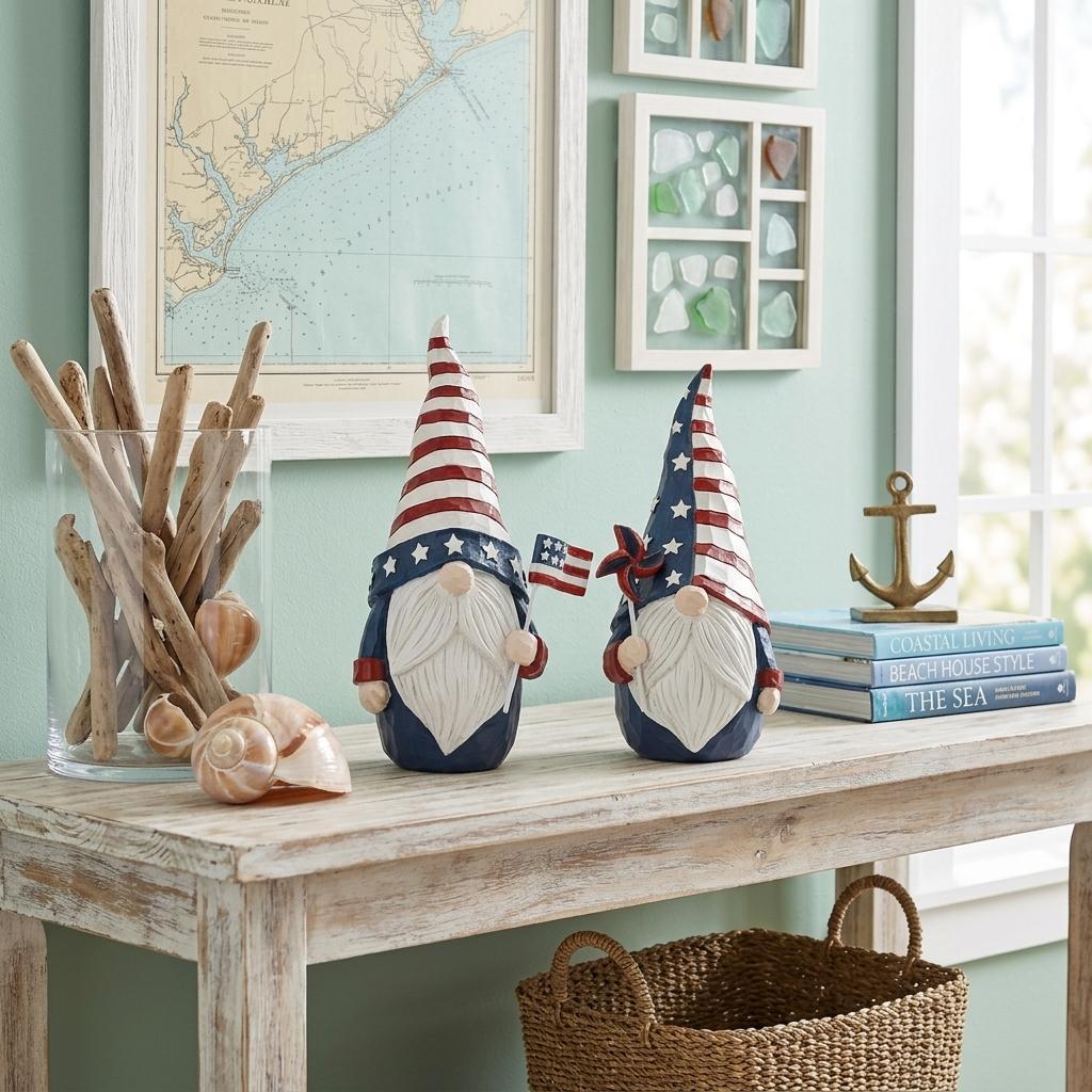 Set of Two Red White And Blue Polyresin Standing Gnomes