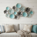 24 X 44 Aqua Charcoal And Silver Abstract Metal Round Discs Hanging Dimensional Sculpture