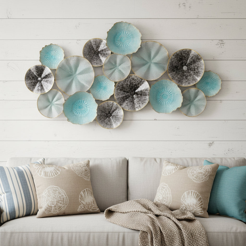 24 X 44 Aqua Charcoal And Silver Abstract Metal Round Discs Hanging Dimensional Sculpture