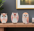 Set of Three Pink And Beige Terracotta Owl Figurines