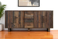 83 Dark Brown Distressed Reclaimed Wood Three Drawer Sideboard with Four Doors