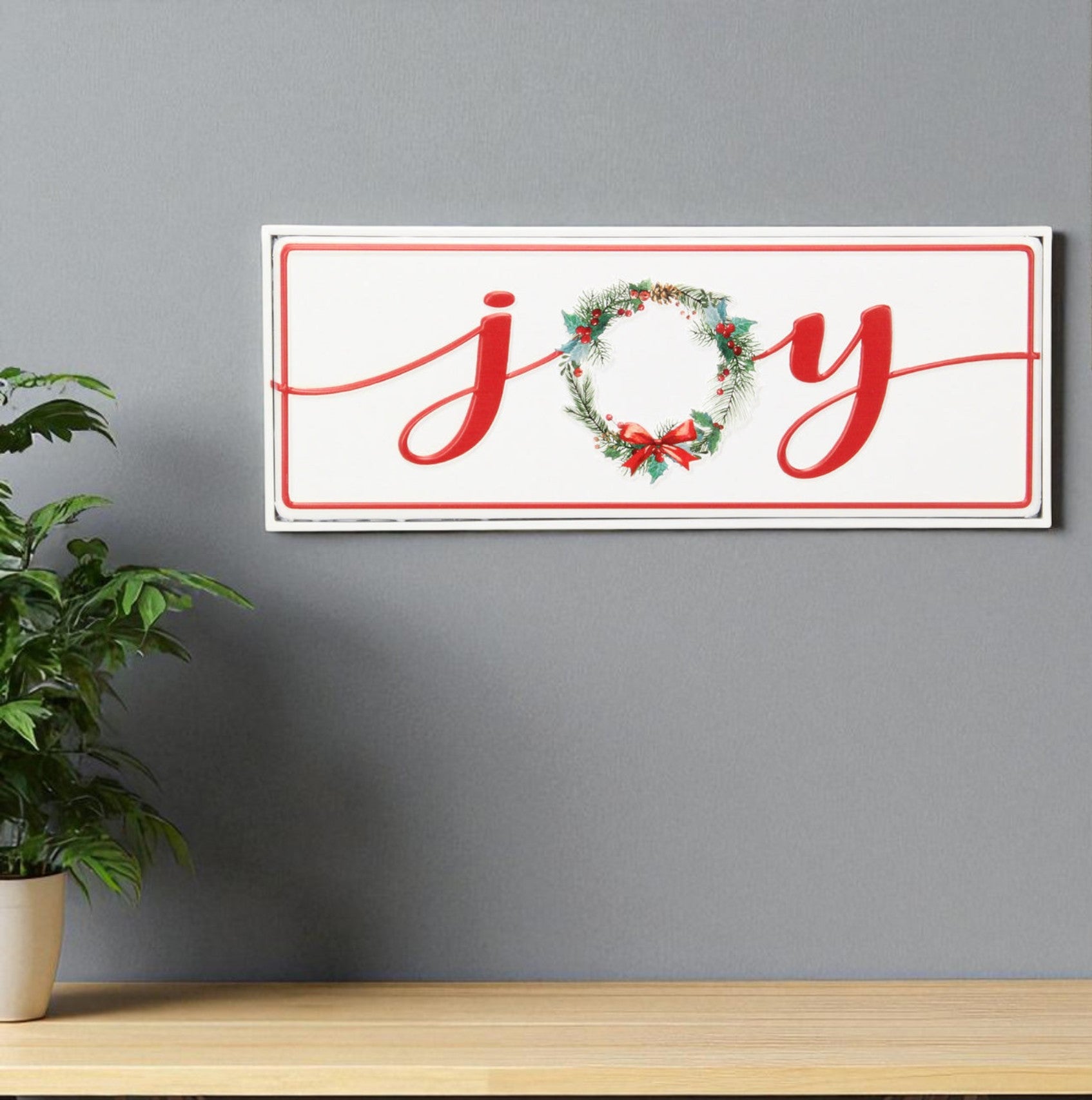 7 X 19 White and Red Christmas Joy Metal Wall Decor