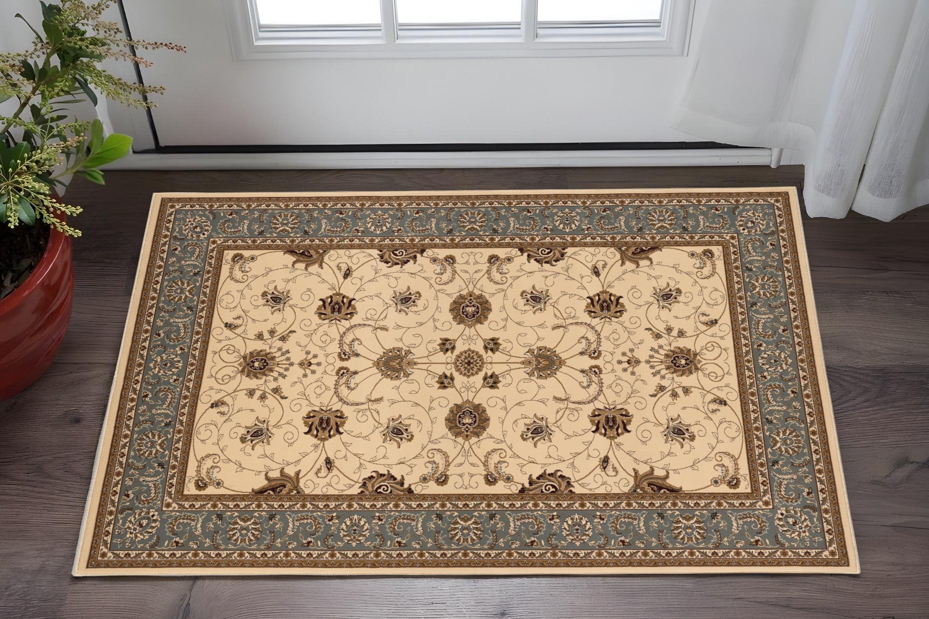 2 X 5 Beige And Black Oriental Area Rug