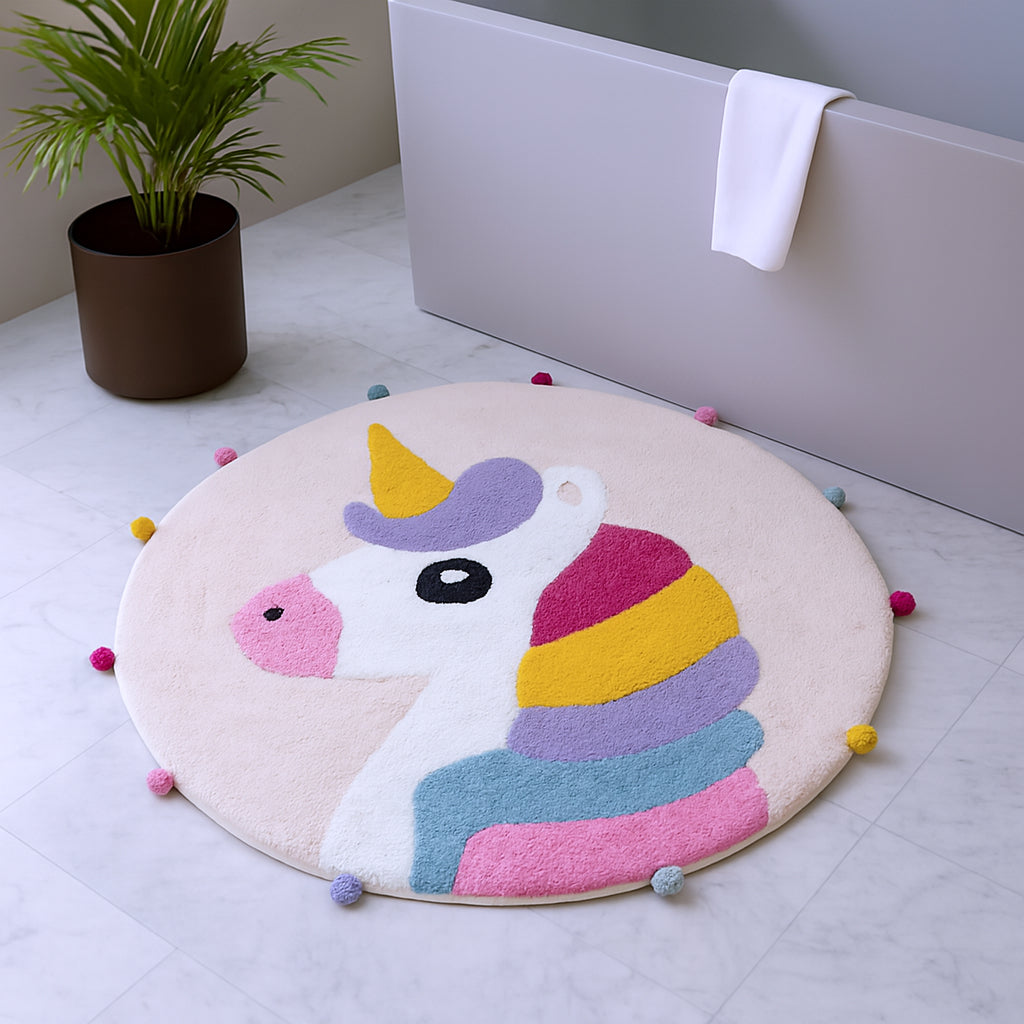 32 Pink And Yellow Cotton Unicorns Round Youthful Bath Rug