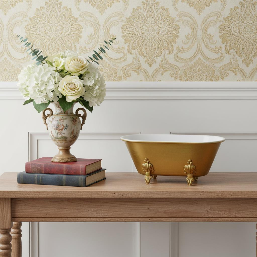 12 Gold And White Metal Hand Painted Decorative Tub