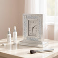 16 Silver And White Faux Crystal And Mirrored Glass Table Clock