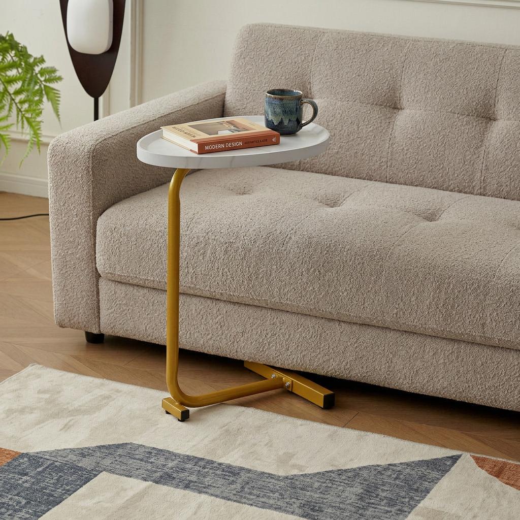 24 White and Gold Faux Marble and Metal Oval End Table
