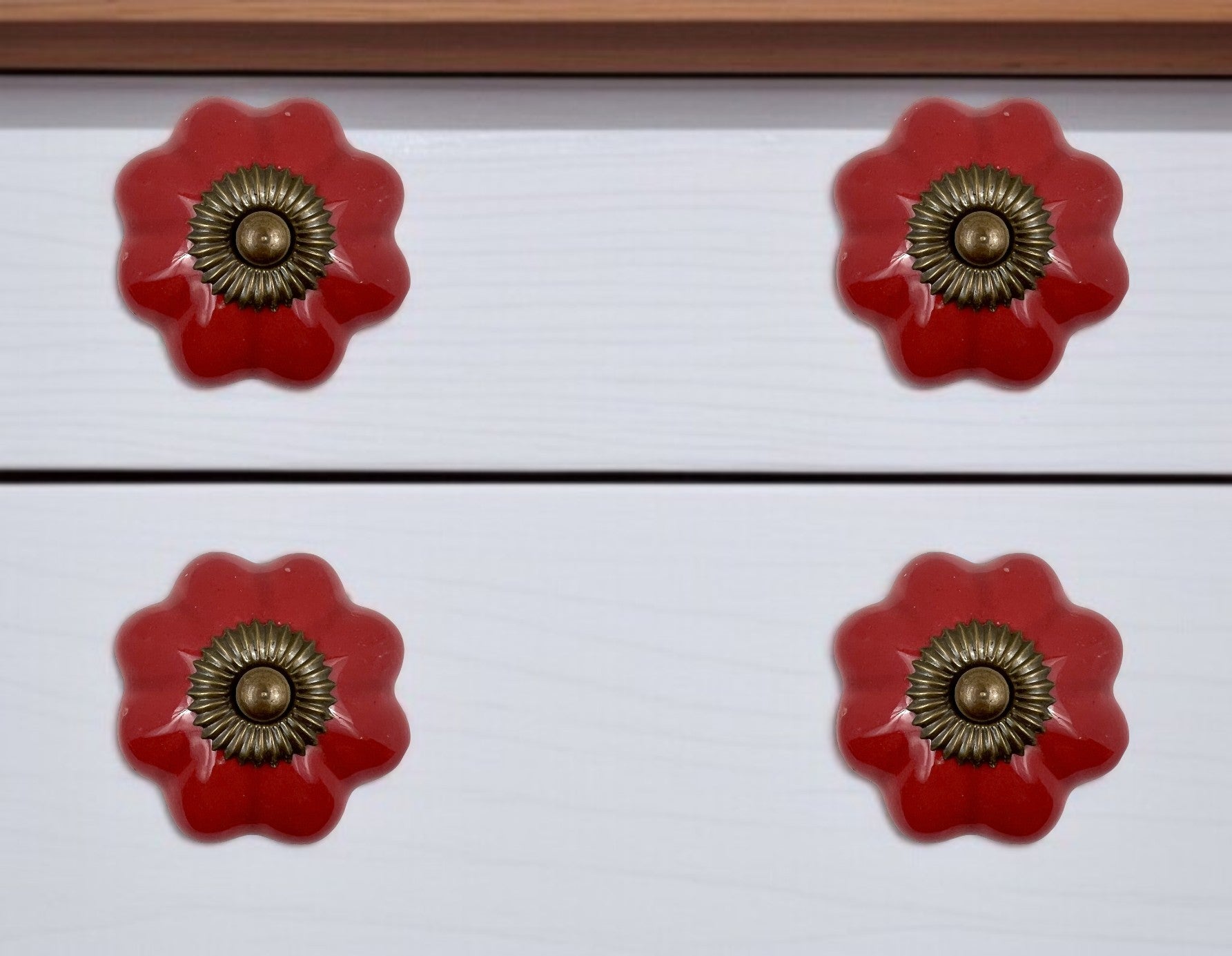 Set of Six Red Floral Knob Ceramic Drawer Pull Knobs