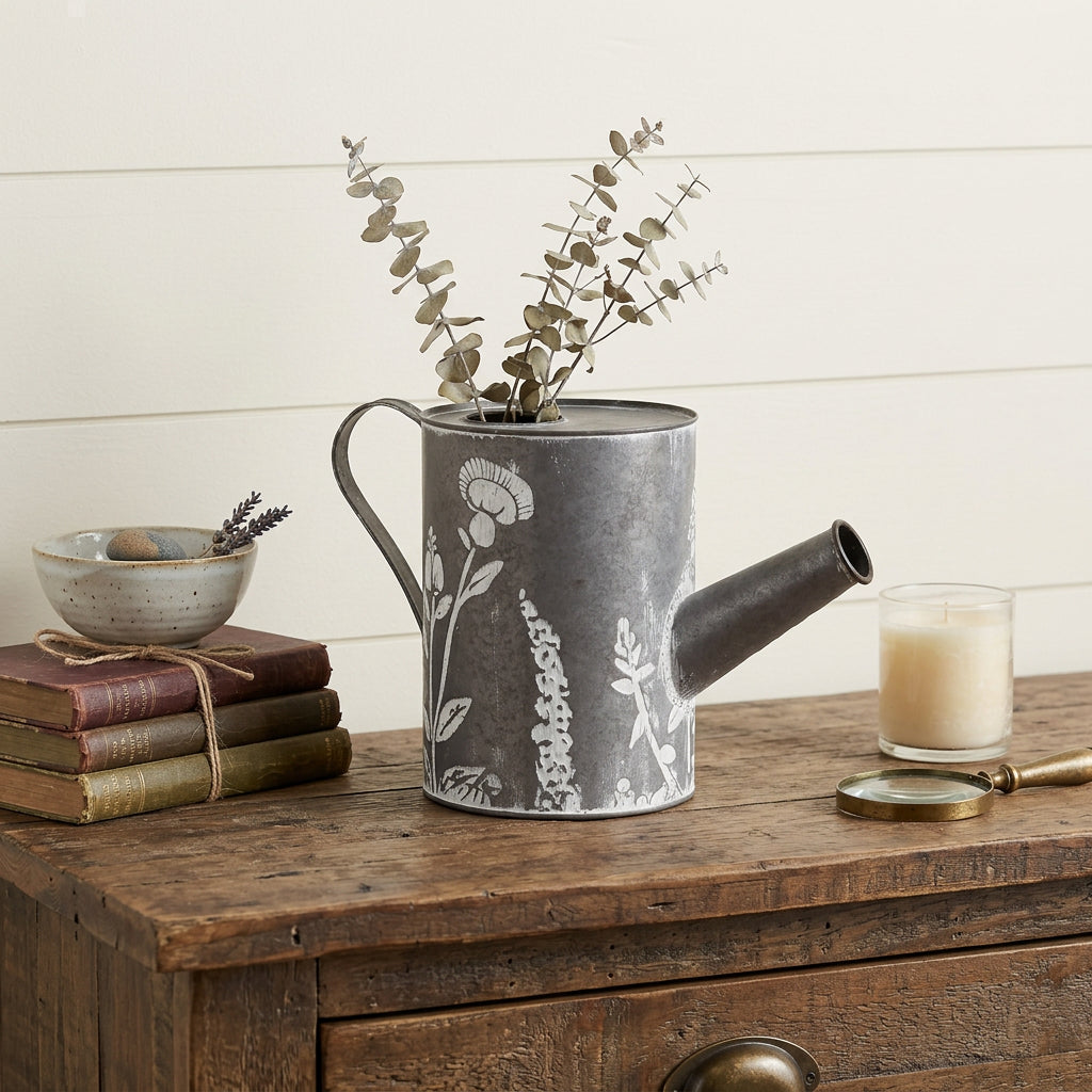 8 Gray And White Galvanized Metal Flowers Hand Painted Decorative Watering Can