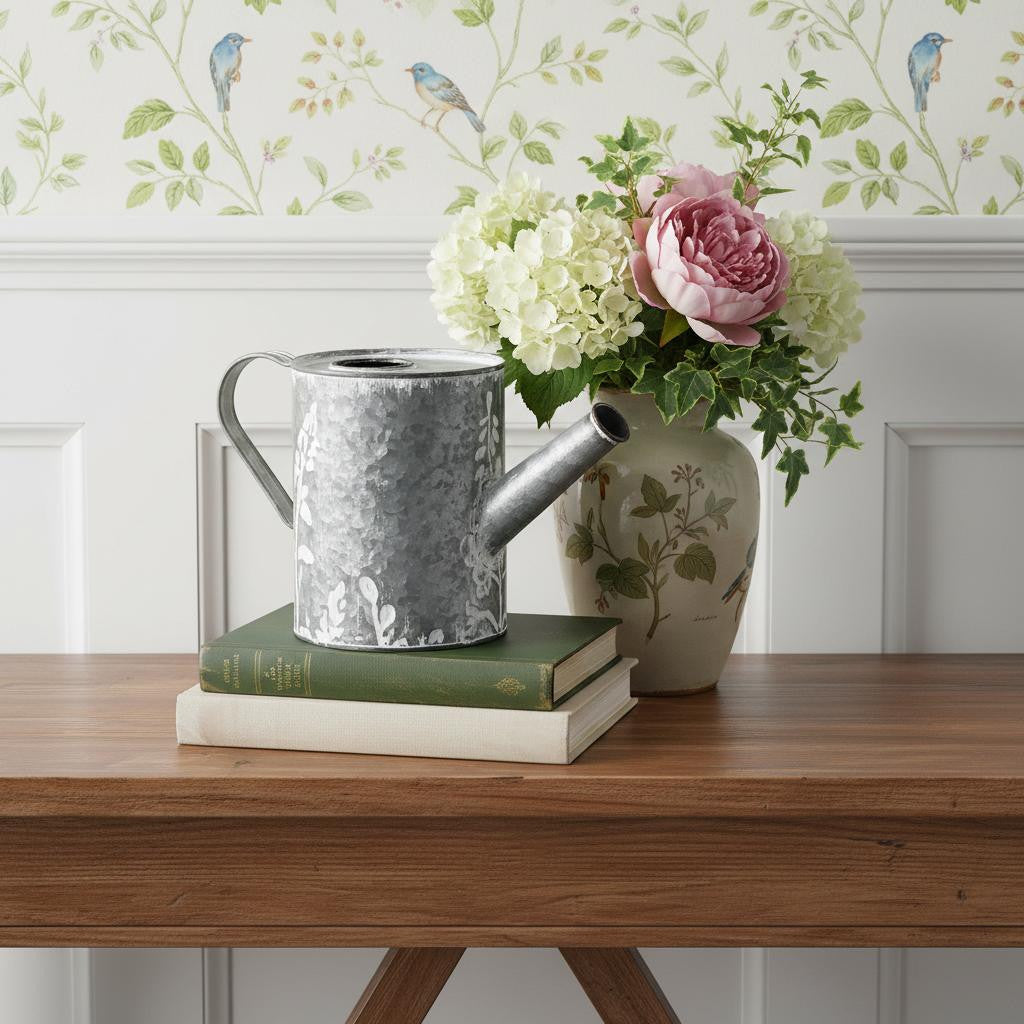 6 Gray And White Galvanized Metal Flowers Hand Painted Decorative Watering Can