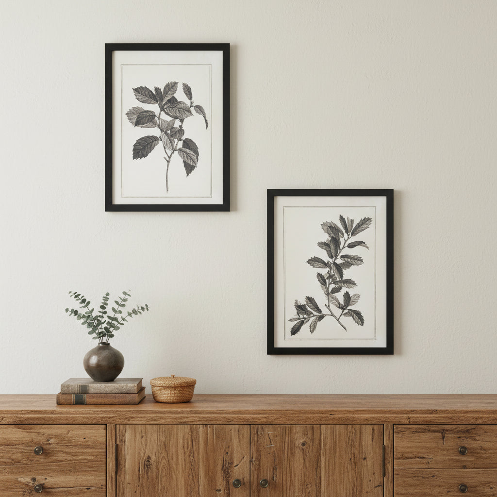Set of Two Black And White Botanical Leaves Framed Art