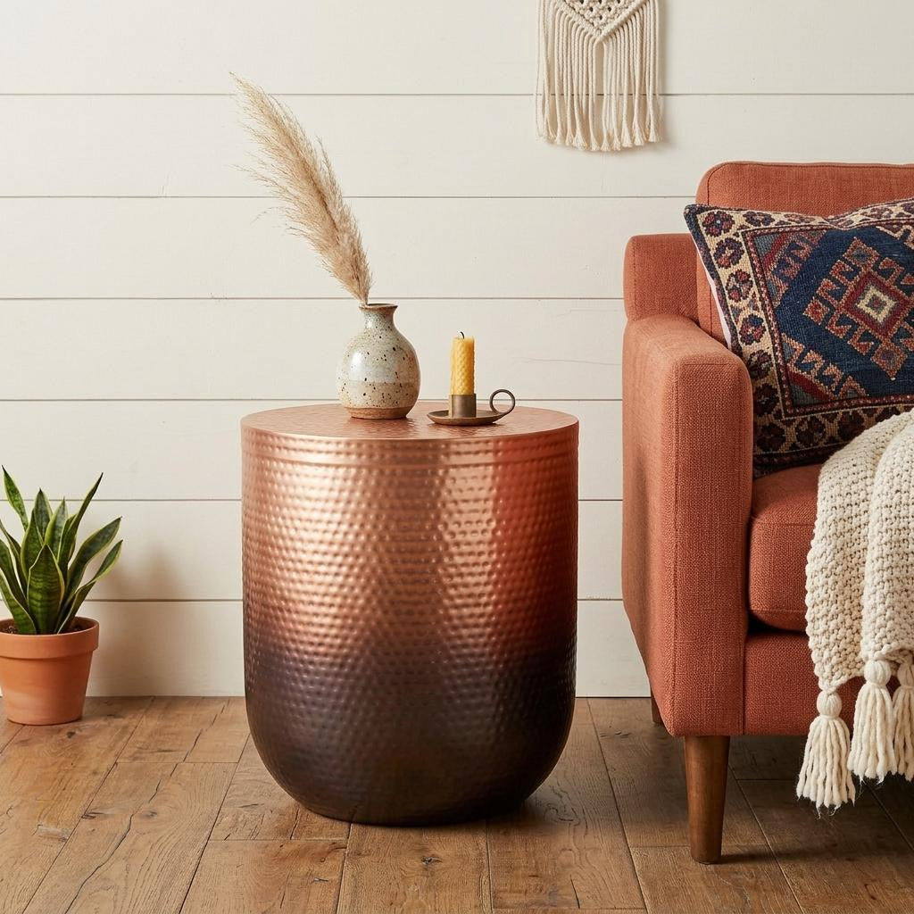 22 Inch Hammered Copper and Black Iron Round Drum End Table