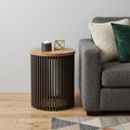 21 Inch Natural Natural and Black Solid Wood and Iron Round Drum End Table
