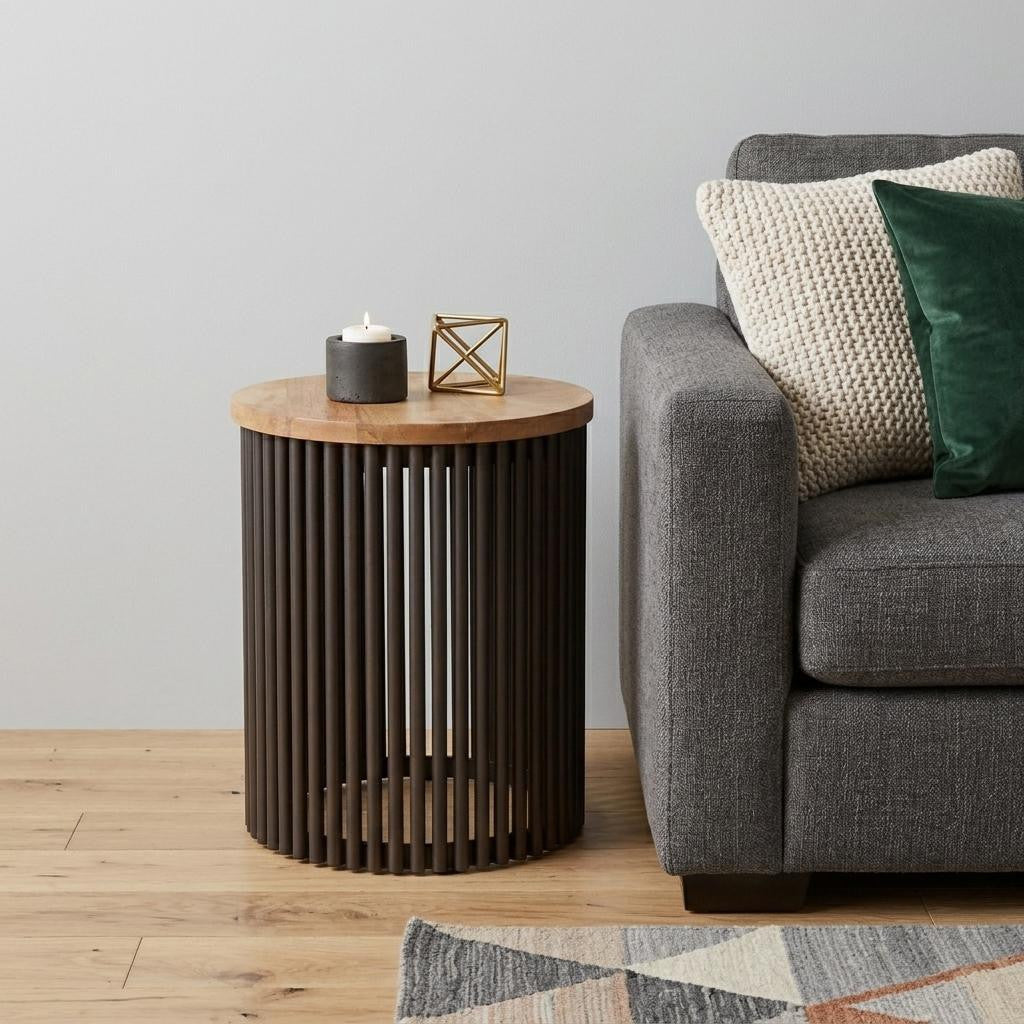 21 Inch Natural Natural and Black Solid Wood and Iron Round Drum End Table