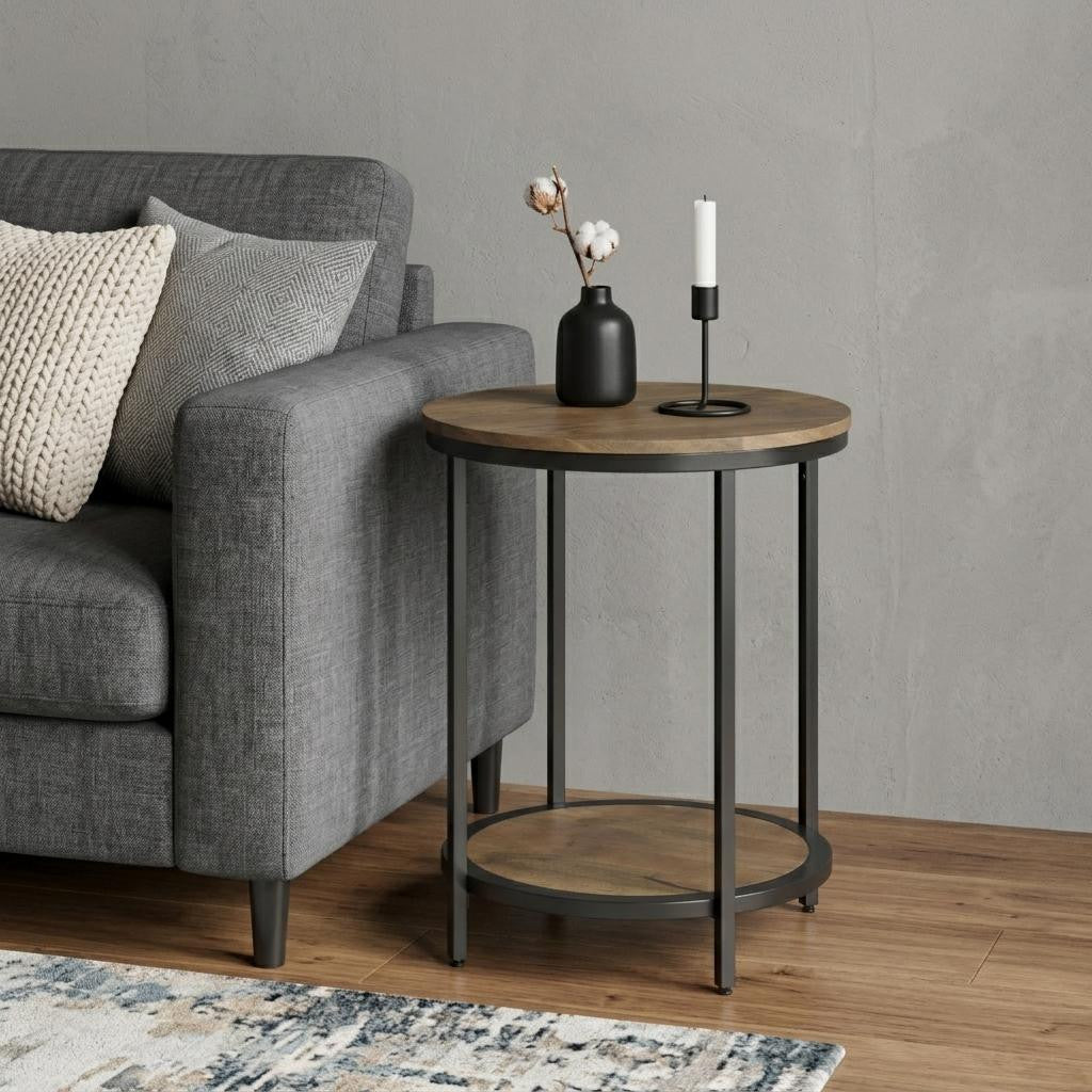 24 Inch Matte Gray and Black Solid Wood and Iron Round End Table With Shelf