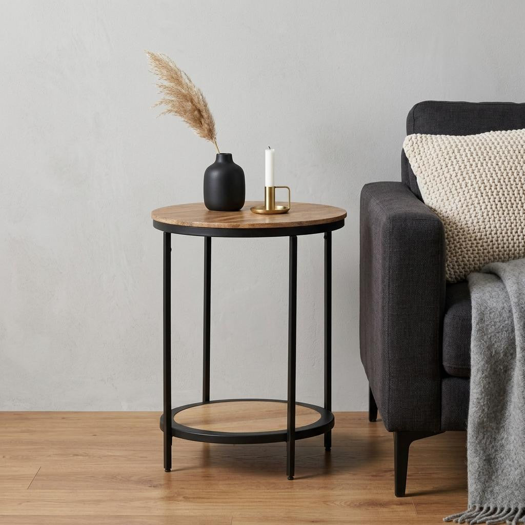 24 Inch Natural Natural and Black Solid Wood and Iron Round End Table With Shelf