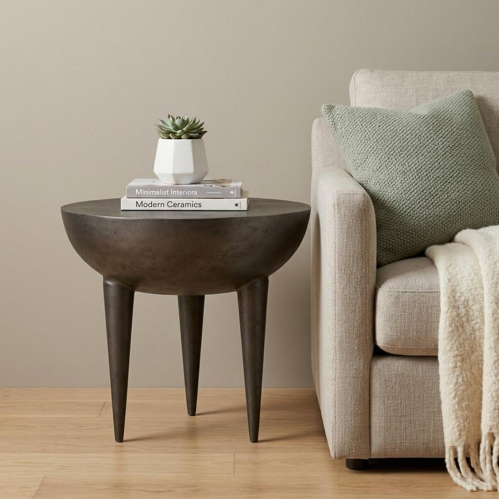 18 Inch Matte Graphite Distressed Aluminum Round End Table