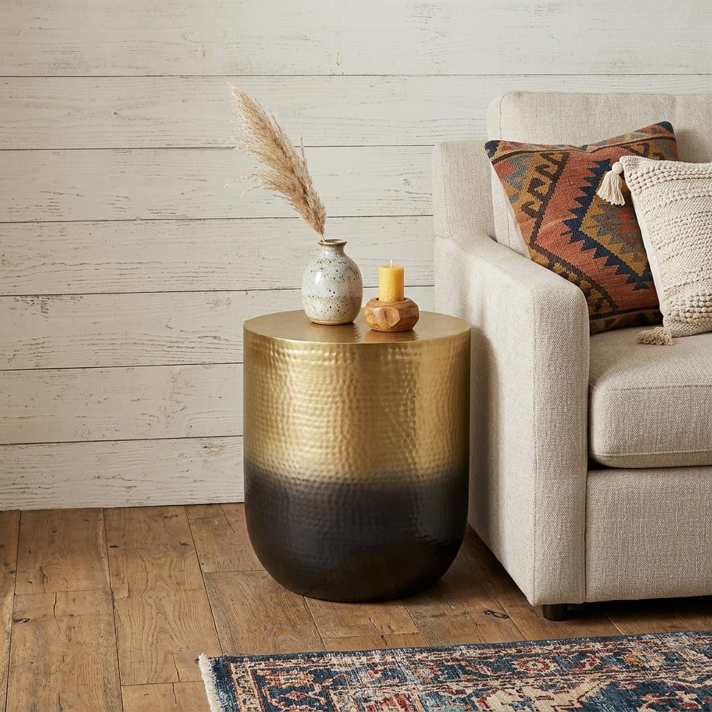 22 Inch Hammered Gold and Black Distressed Iron Round Drum End Table