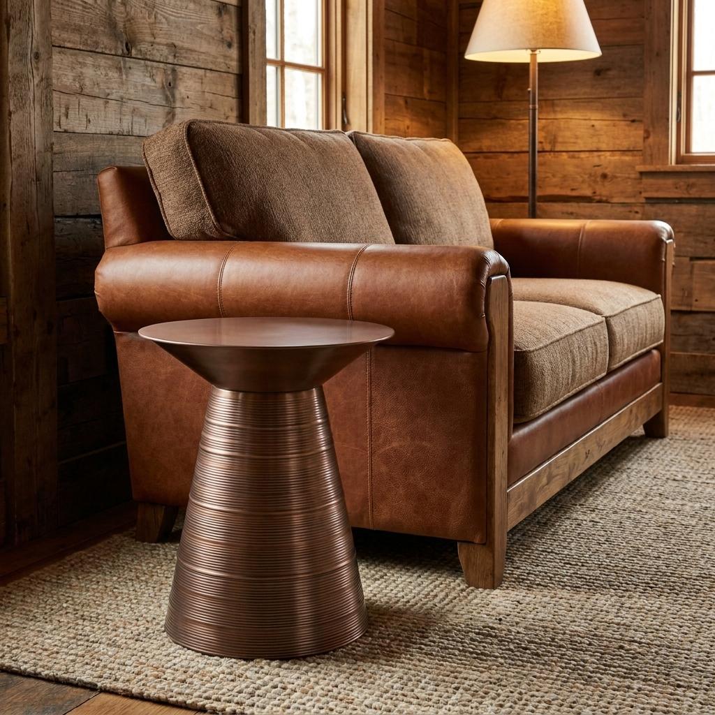 20 Inch Textured Copper Distressed Iron Round Pedestal End Table