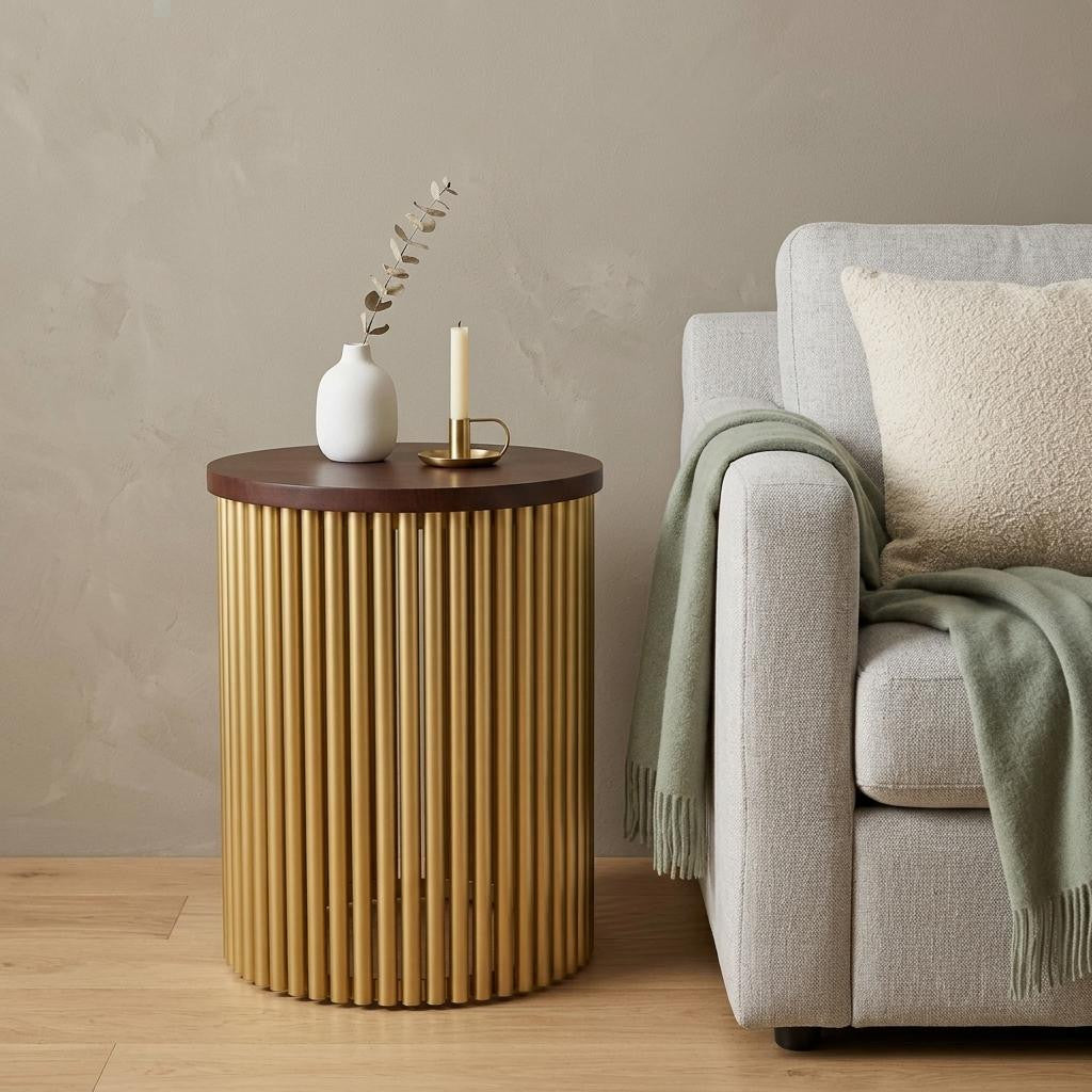 21 Inch Glossy Dark Brown and Gold Solid Wood and Iron Round Drum End Table