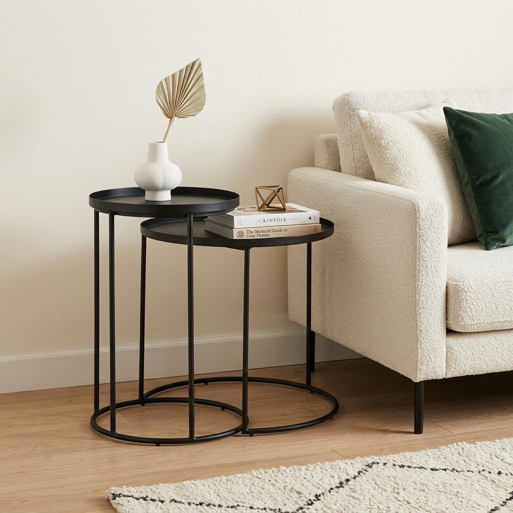 Set of Two Black Iron Round Frame Nested Tables