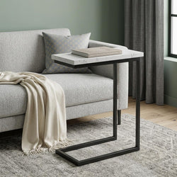 24 Inch Glossy White and Black Marble and Iron End Table