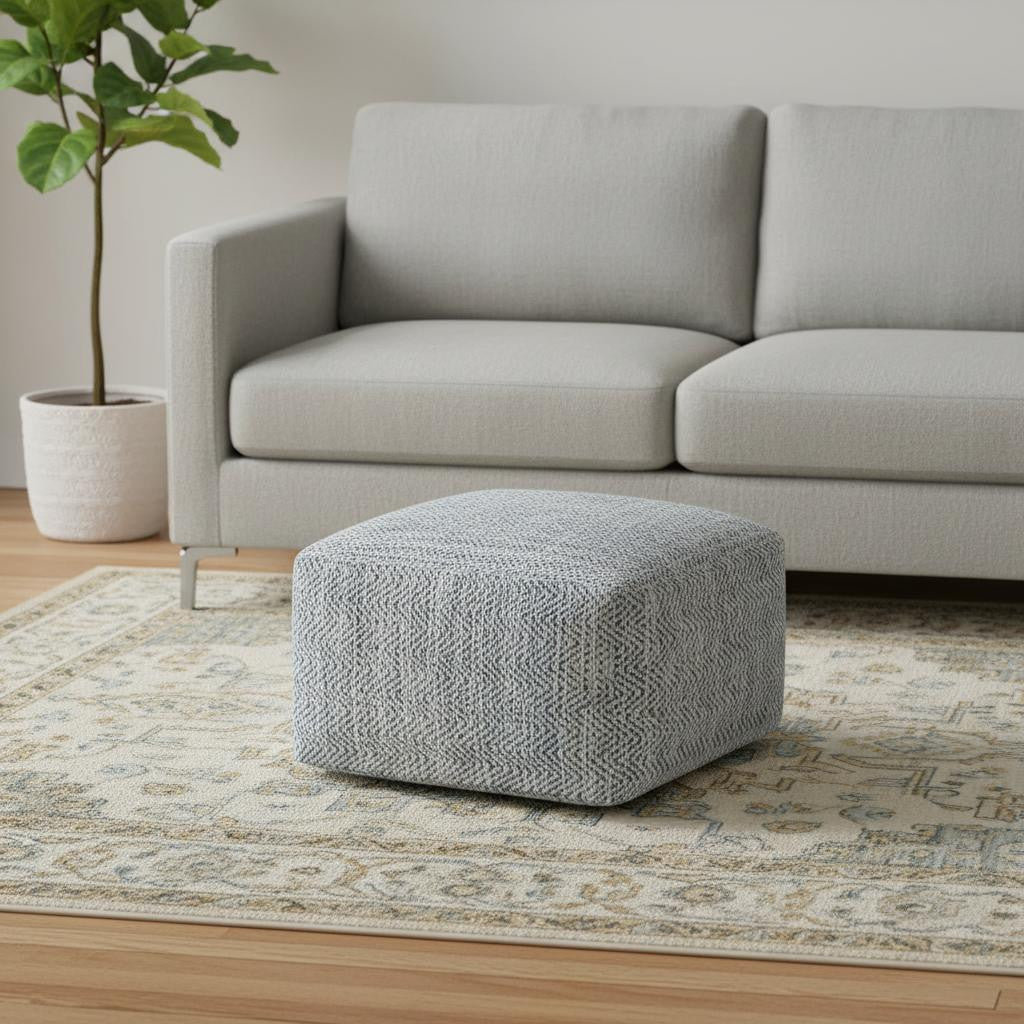 20 Inch Denim Blue and White Cotton Chevron Pouf Ottoman
