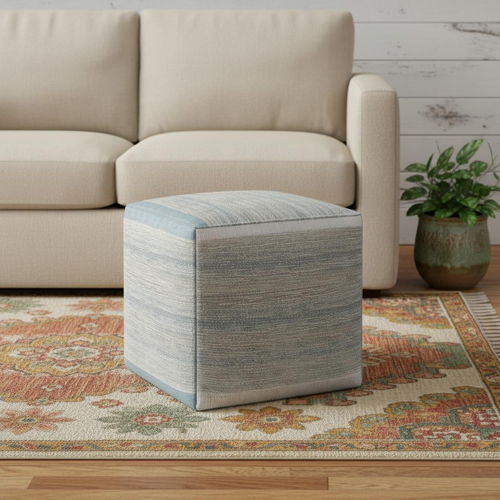 16 Inch Blue Gray and Off White Cotton Abstract Cube Pouf Ottoman